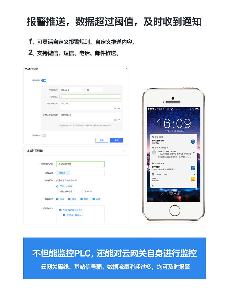 低成本PLC云网关：报警推送，数据超过阈值及时收到通知